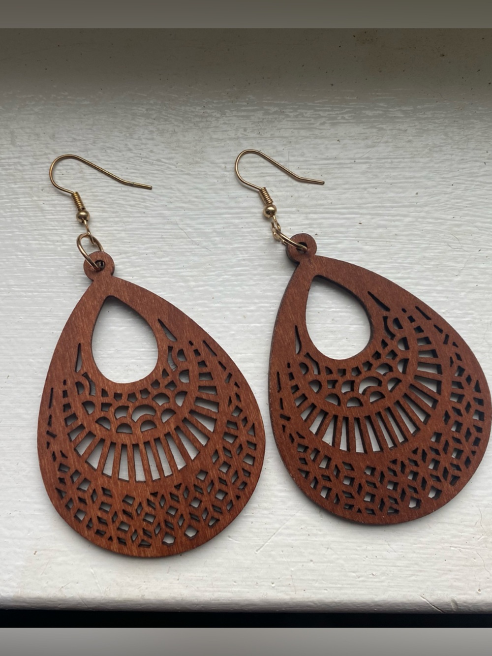 Wooden Teardrop Laser-Cut Earrings in Brown